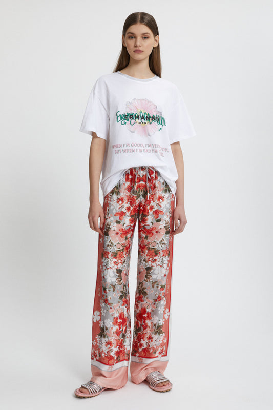 PANTALONE IN RASO CON STAMPA FOULARD FLOREALE