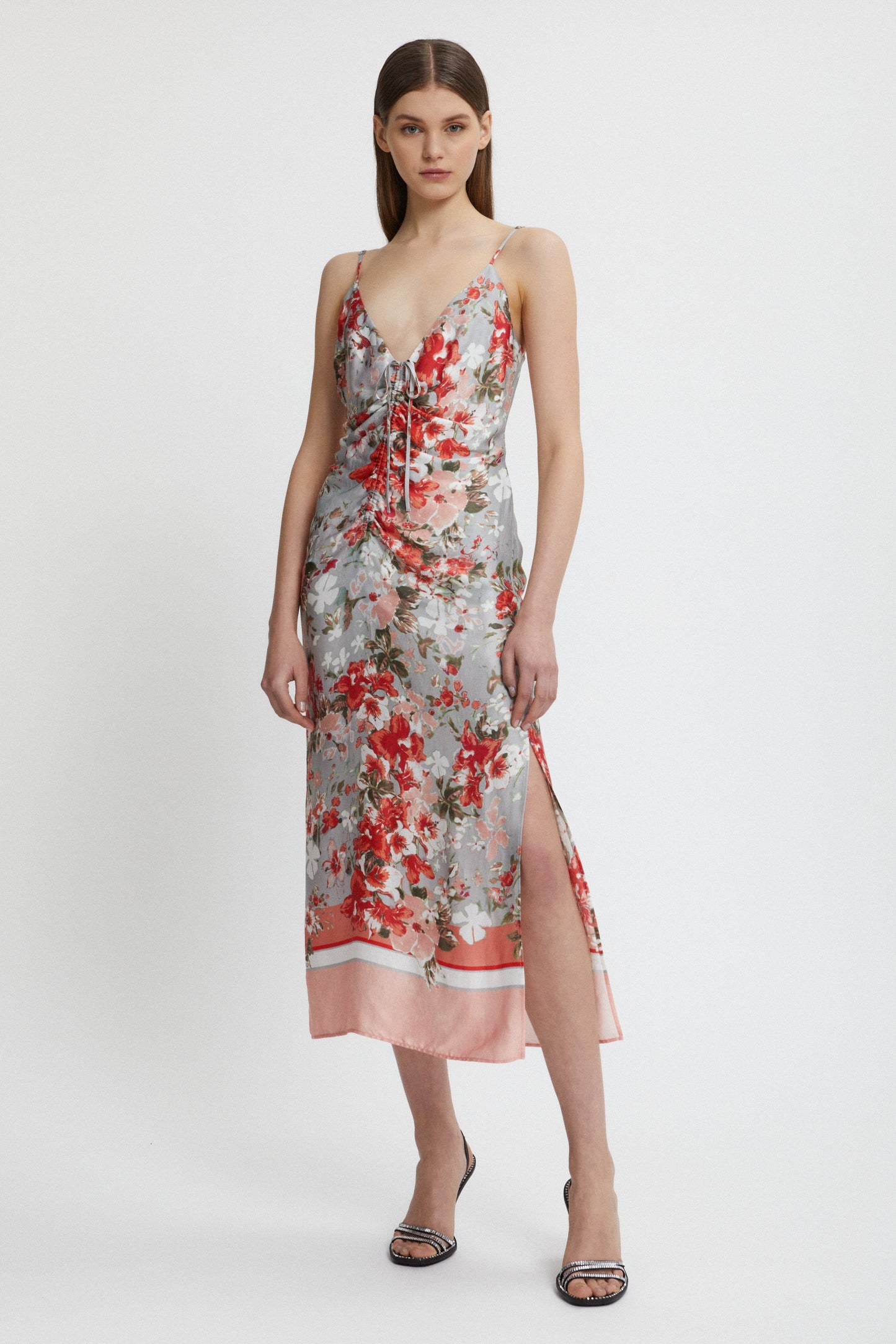 FLORAL PRINTED SATIN SLIP DRESS