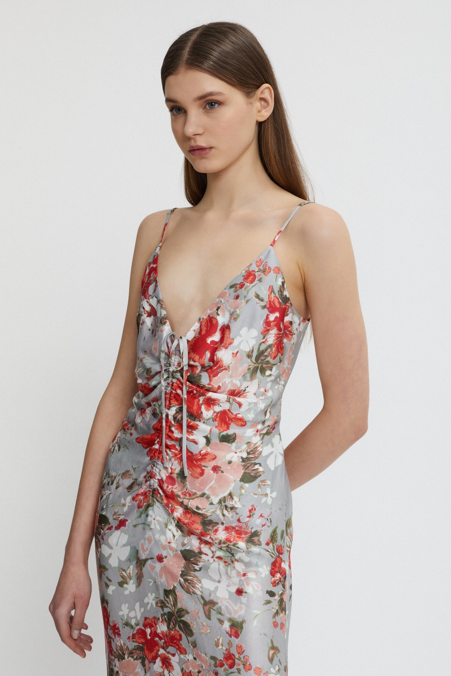 FLORAL PRINTED SATIN SLIP DRESS