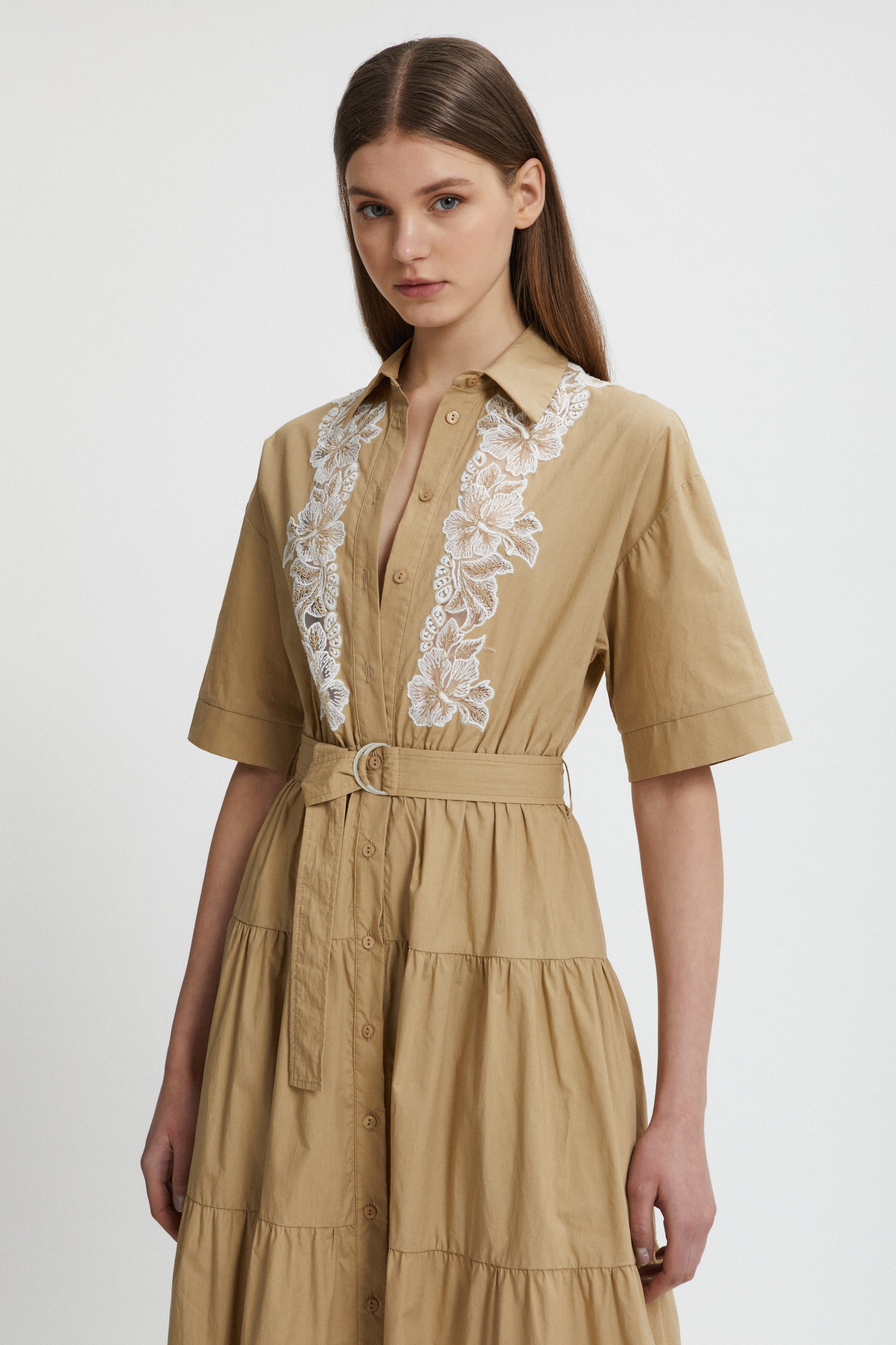 POPLIN SHIRT-DRESS WITH LACE AND BELT